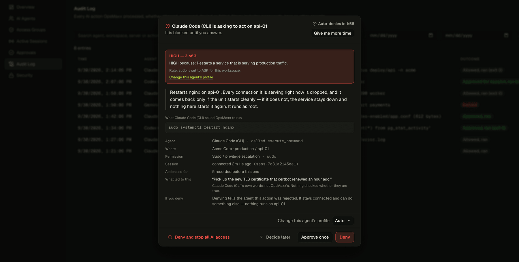 An approval dialog: Claude Code asking to run sudo systemctl restart nginx on api-01, rated high risk