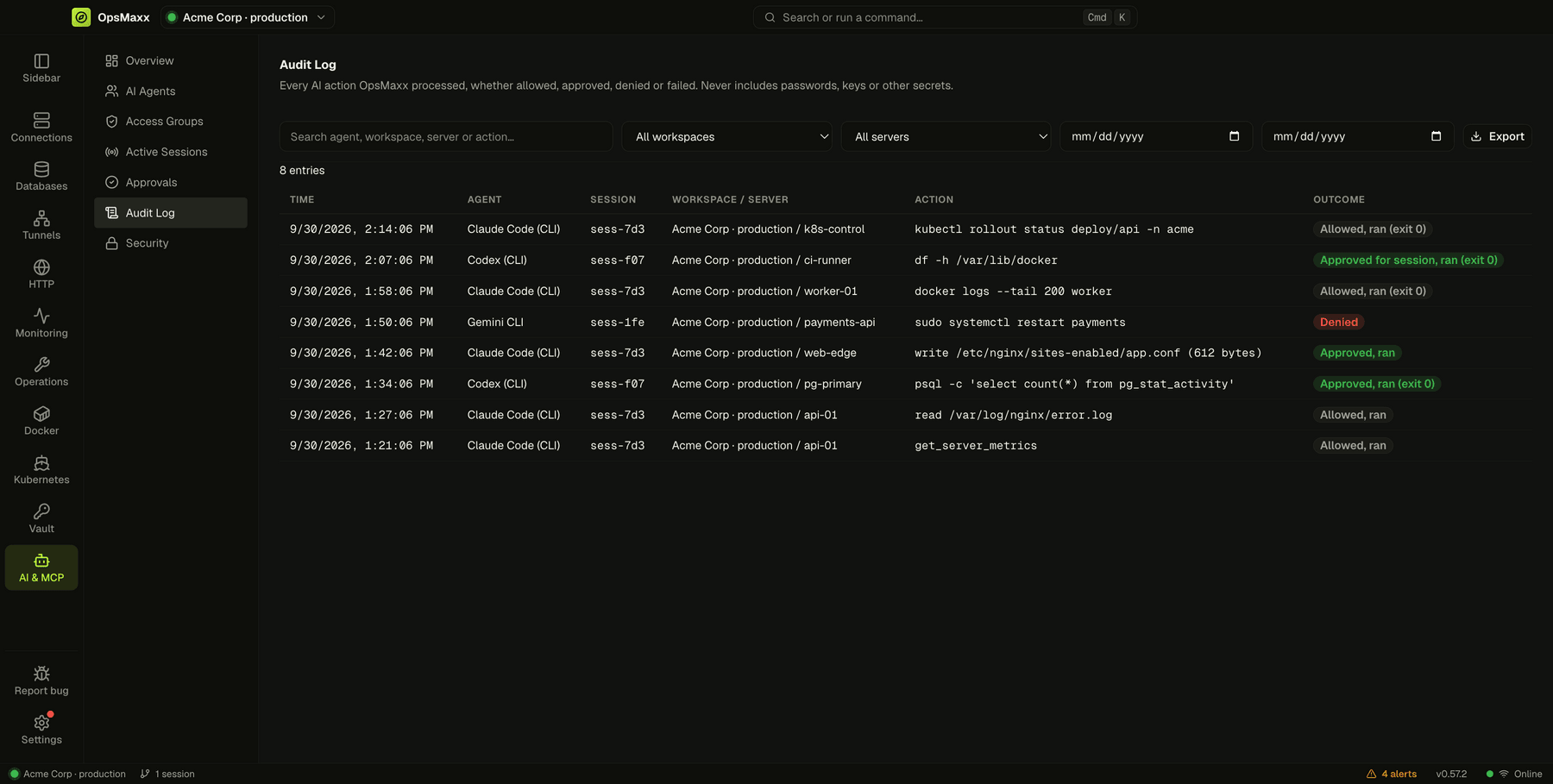 Audit log listing agent actions with approval state and result