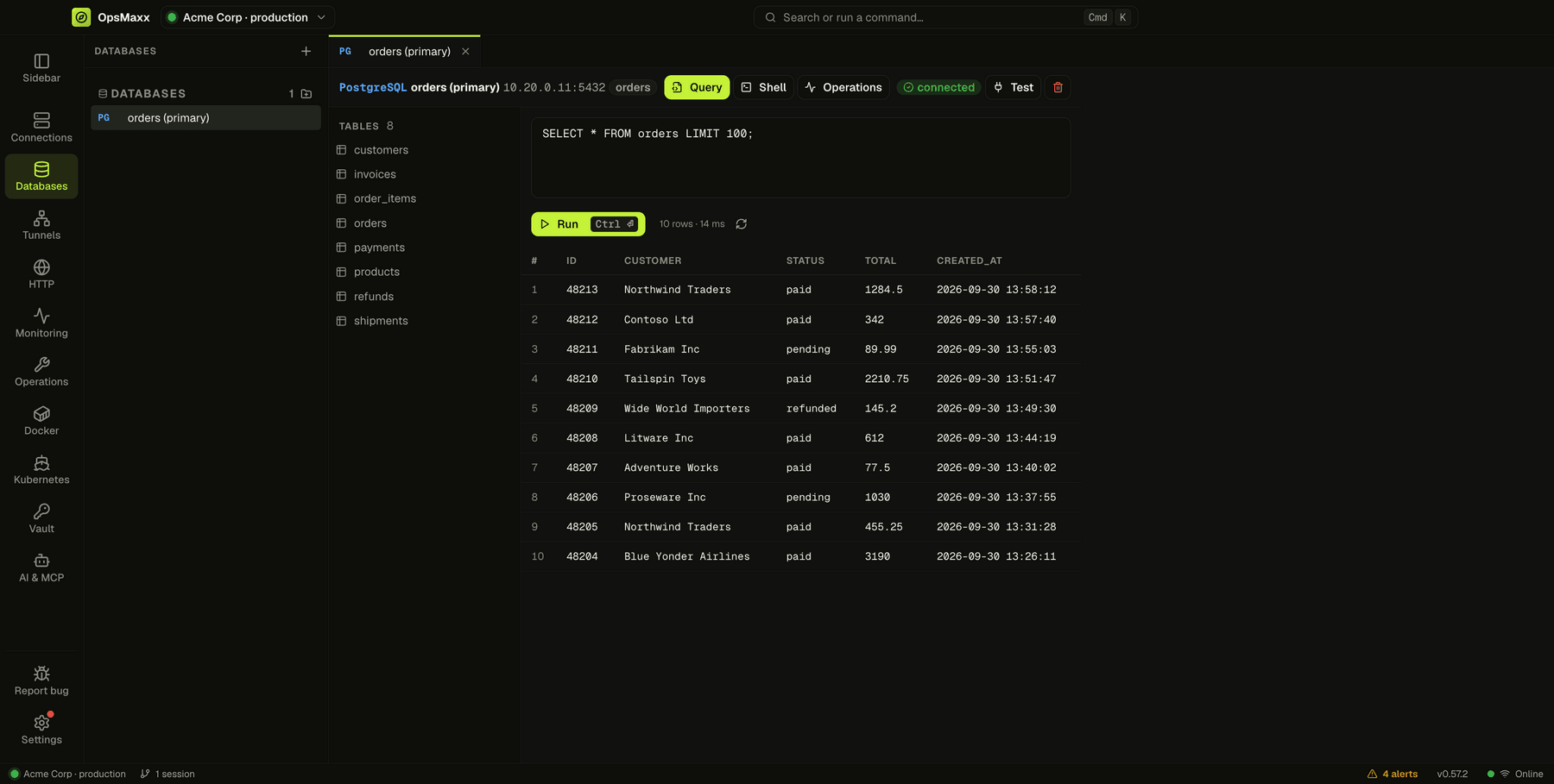 A PostgreSQL connection with its tables listed and a query result grid of recent orders