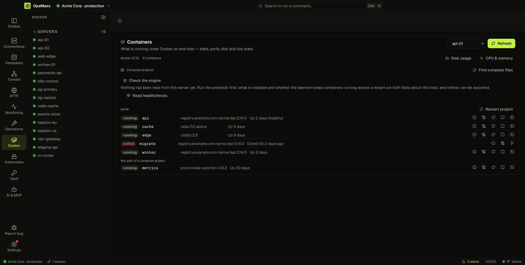 Docker containers on a server grouped by compose project, showing running and exited containers