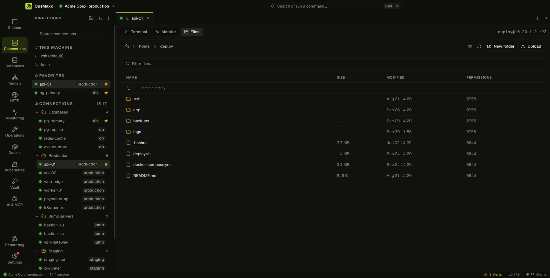 The SFTP file browser on api-01 listing a home directory with sizes, dates and permissions