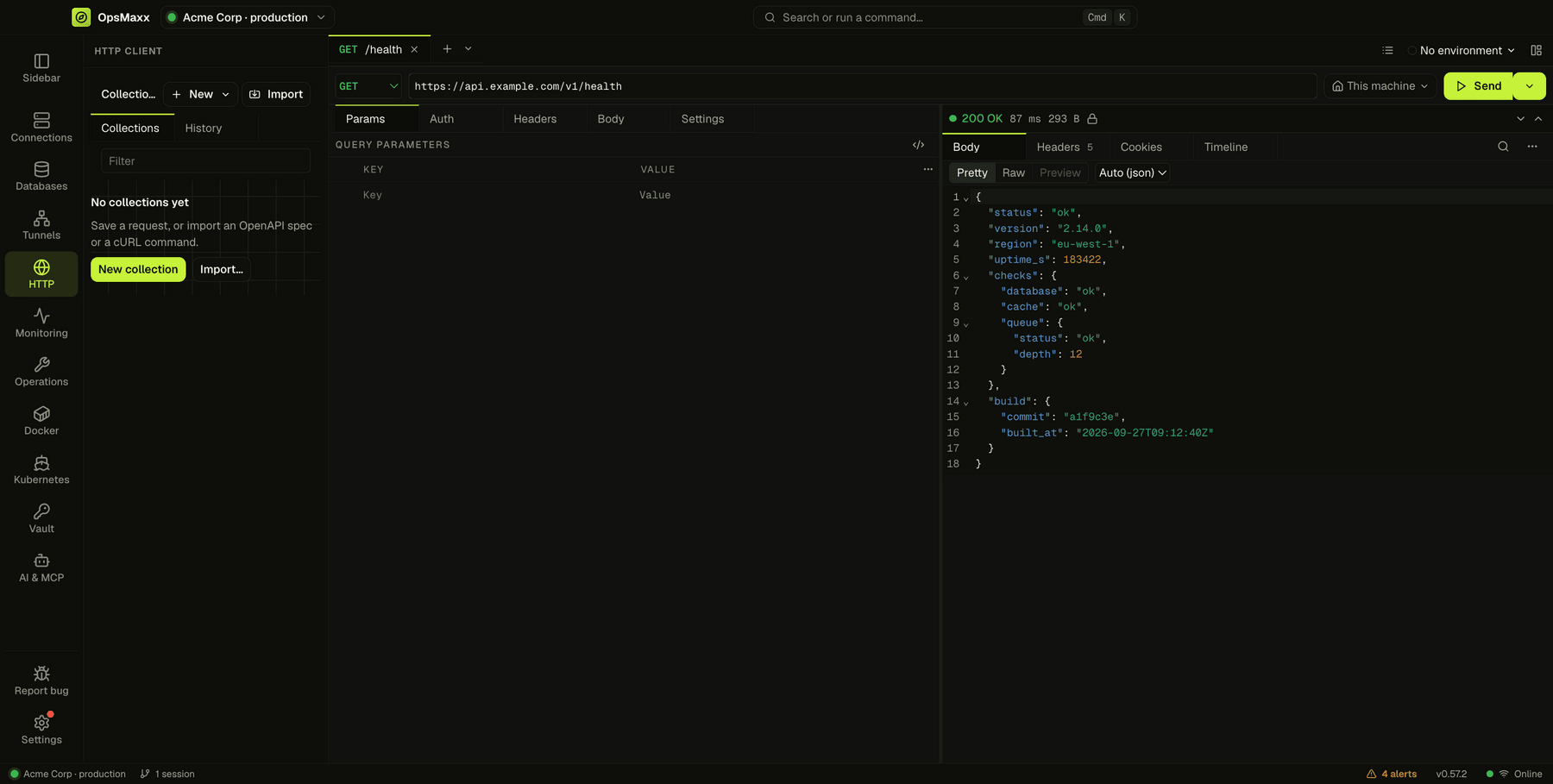 The HTTP client showing a GET request and its pretty-printed JSON response with status and timing