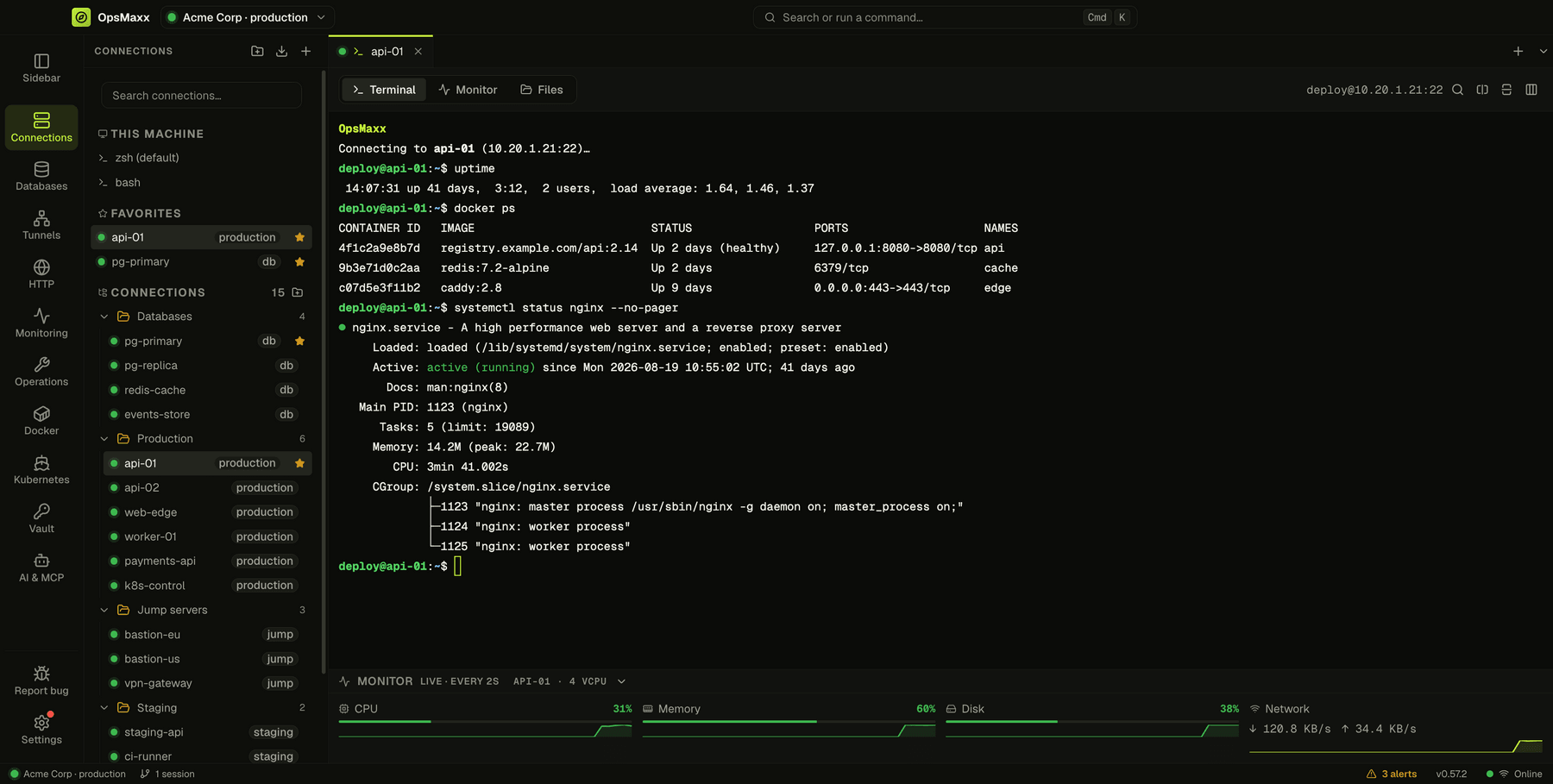 A terminal session on api-01 running uptime, docker ps and systemctl status, with a live monitor strip below