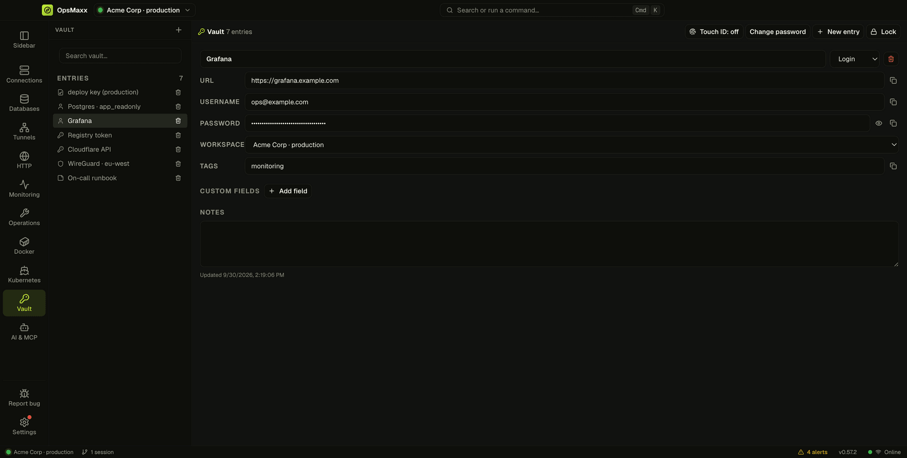 The vault unlocked, showing a login entry with its URL, username and a hidden password