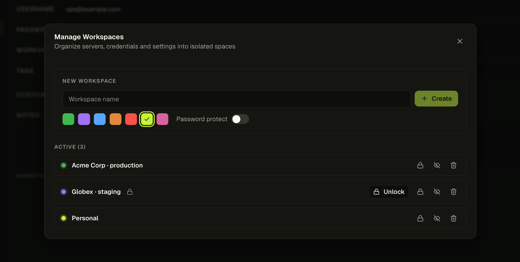 Workspace manager listing three client workspaces, one of them locked with a password